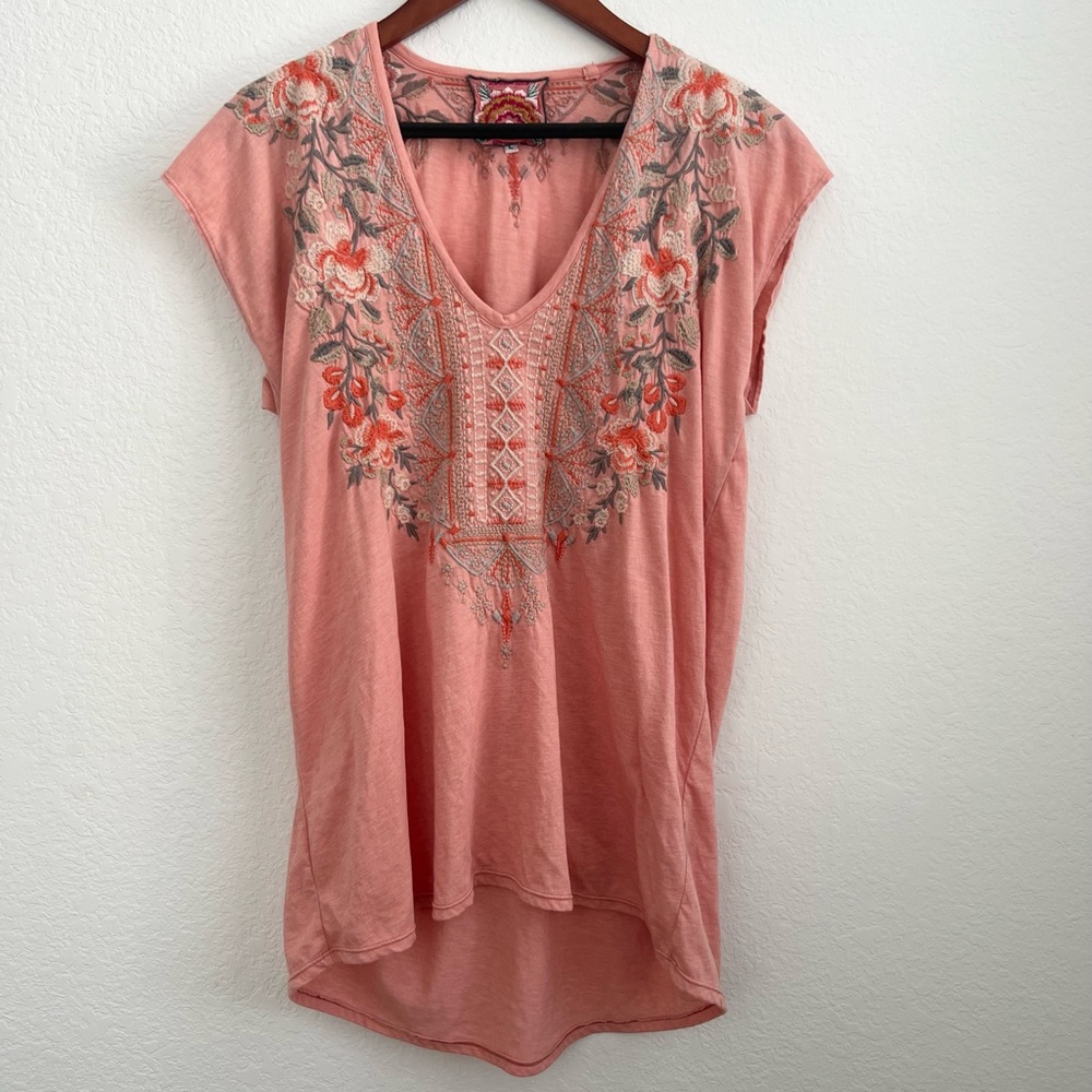 Johnny Was Pink Coral Embroidered V-Neck Tunic